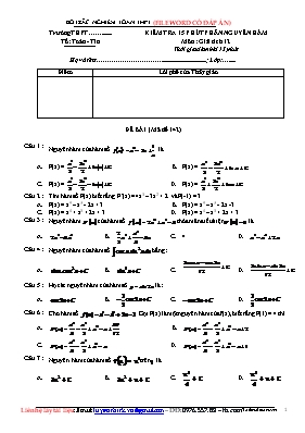 4 Đề kiểm tra 15 phút phần Nguyên hàm môn Giải tích Lớp 12
